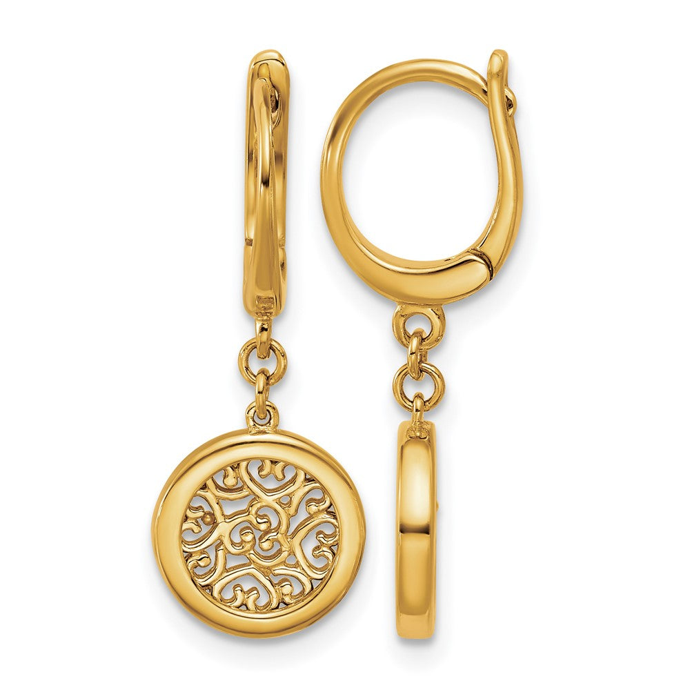 14K Yellow Gold Polished Fancy Filigree Circle Leverback Dangle Earrings