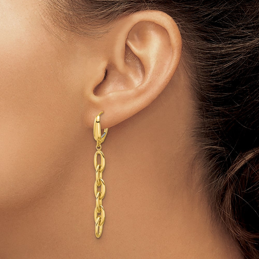 14K Yellow Gold Polished Fancy Oval Link Leverback Dangle Earrings
