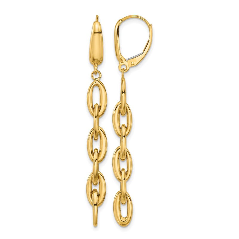 14K Yellow Gold Polished Fancy Oval Link Leverback Dangle Earrings