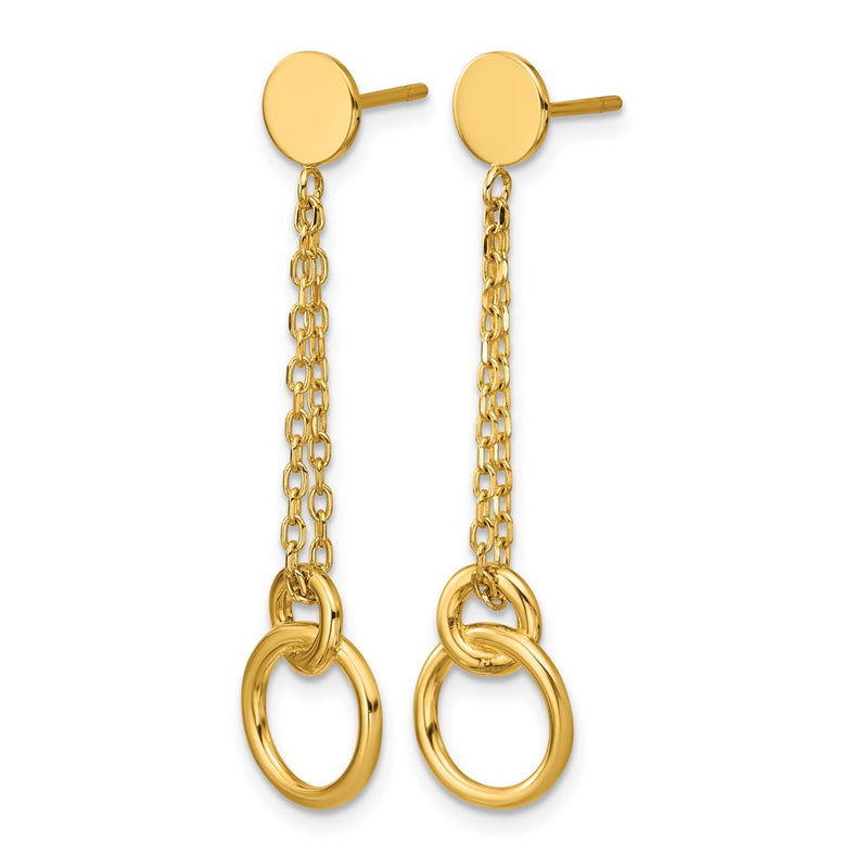 14K Yellow Gold Polished 2 Strand Double Circle Post Dangle Earrings