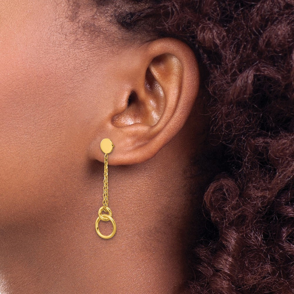 14K Yellow Gold Polished 2 Strand Double Circle Post Dangle Earrings