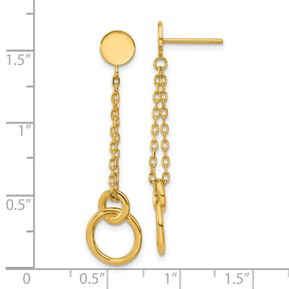 14K Yellow Gold Polished 2 Strand Double Circle Post Dangle Earrings