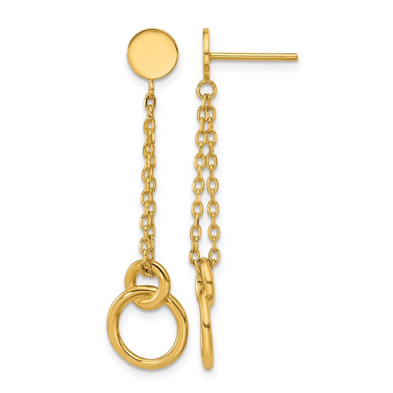 14K Yellow Gold Polished 2 Strand Double Circle Post Dangle Earrings