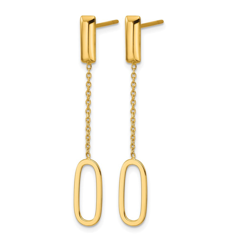 14K Yellow Gold Polished Elongated Oval And Bar Post Dangle Earrings
