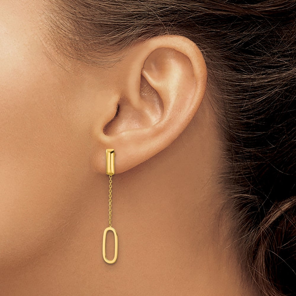 14K Yellow Gold Polished Elongated Oval And Bar Post Dangle Earrings