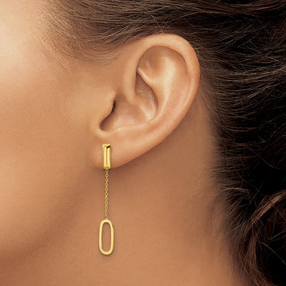 14K Yellow Gold Polished Elongated Oval And Bar Post Dangle Earrings