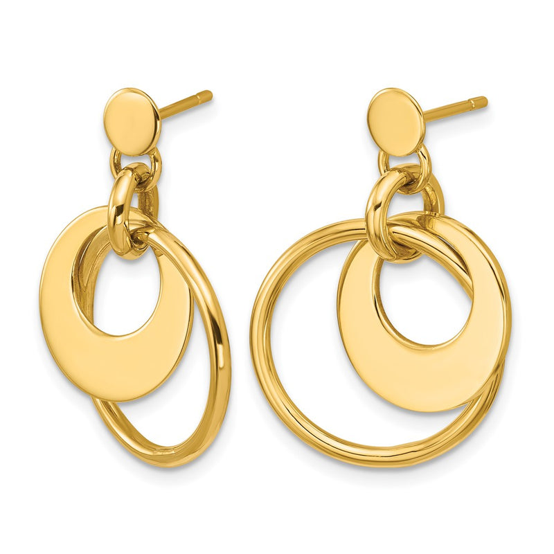 14K Yellow Gold Polished Fancy Double Circle Post Dangle Earrings