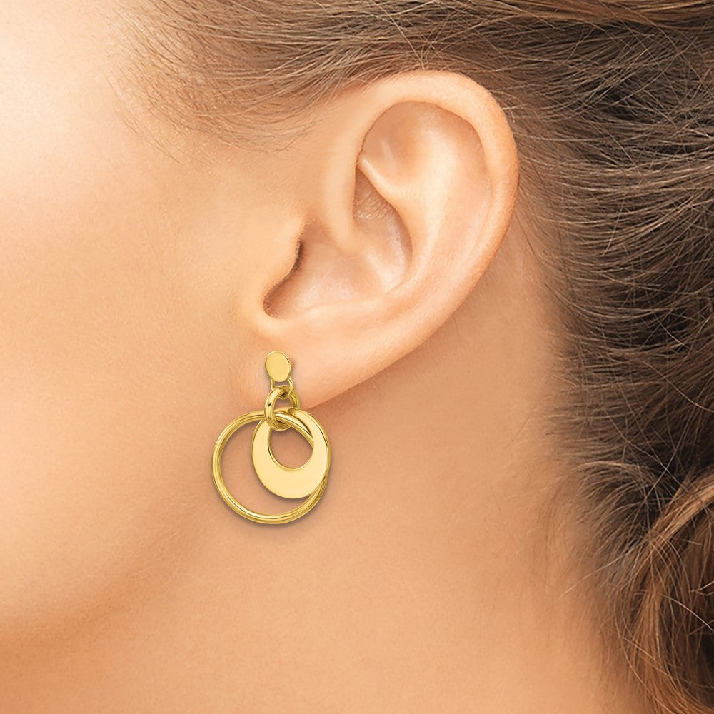 14K Yellow Gold Polished Fancy Double Circle Post Dangle Earrings