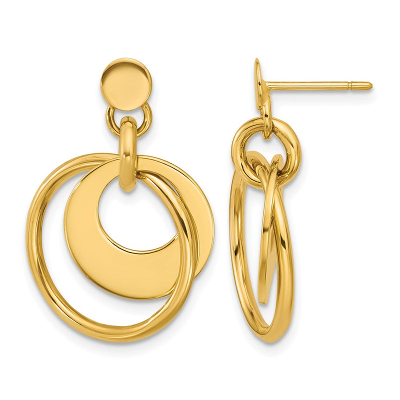 14K Yellow Gold Polished Fancy Double Circle Post Dangle Earrings