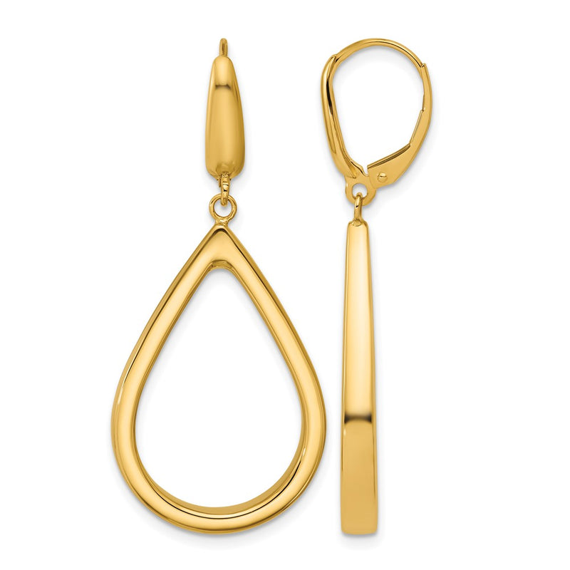 14K Yellow Gold Polished Open Teardrop Leverback Dangle Earrings