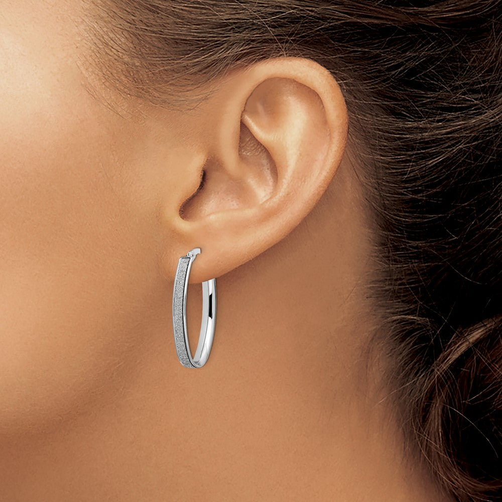 14K White Gold Polished Glimmer Infused Oval Hoop Earrings