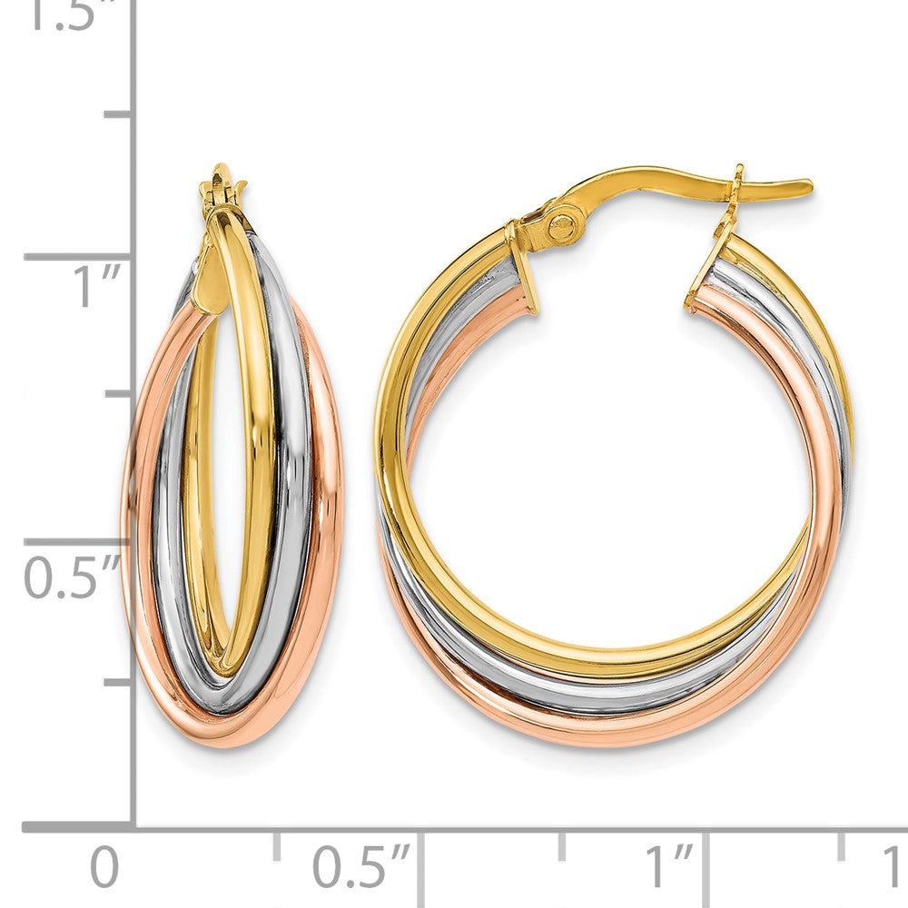 14K Tri-Color Polished And Textured Twisted Hoop Earrings