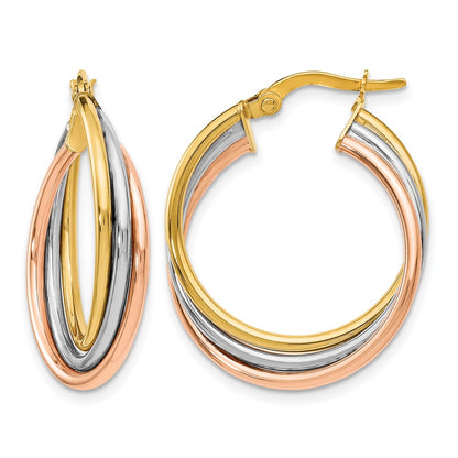 14K Tri-Color Polished And Textured Twisted Hoop Earrings