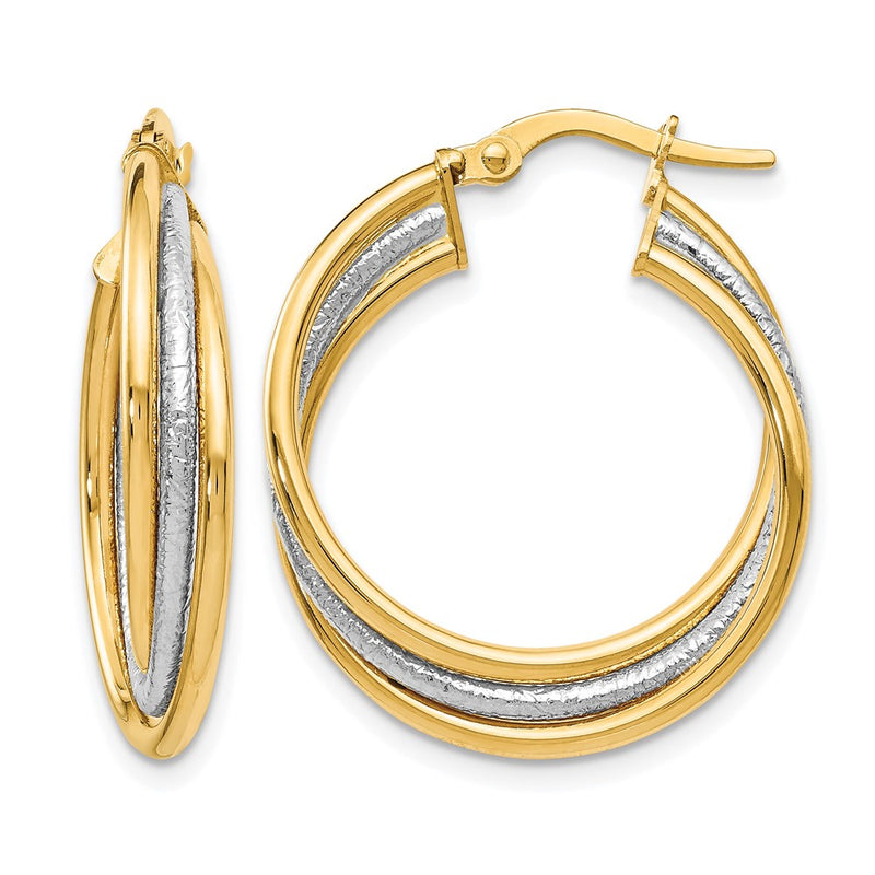 14K Two-Tone Polished And Textured Twisted Hoop Earrings