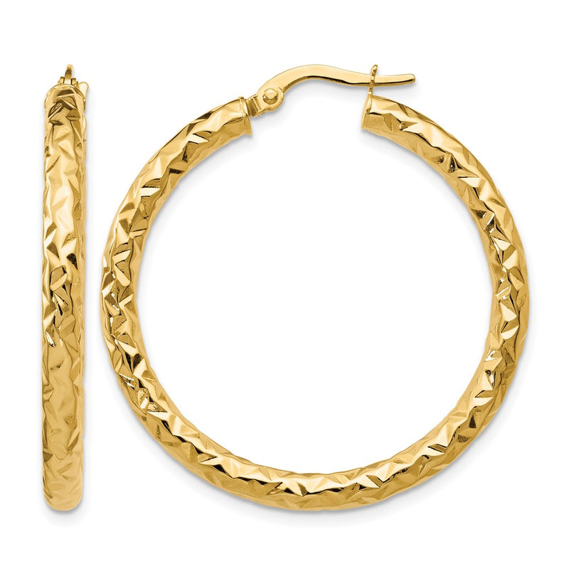 14K Yellow Gold Foreverlite Polished And Textured Hoop Earrings