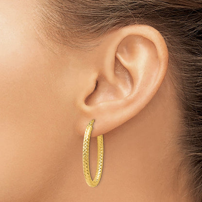 14K Yellow Gold Foreverlite Polished And Textured Oval Hoop Earrings