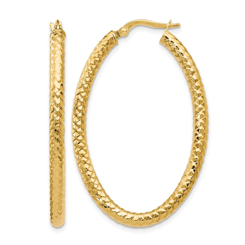 14K Yellow Gold Foreverlite Polished And Textured Oval Hoop Earrings