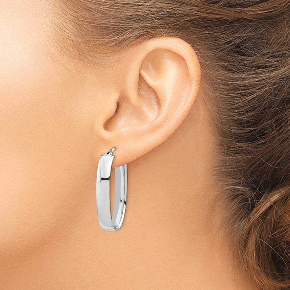 14K White Gold With Rhodium Plating Polished Oval Hoop Earrings