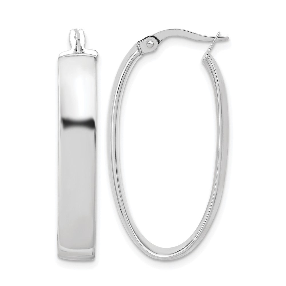 14K White Gold With Rhodium Plating Polished Oval Hoop Earrings
