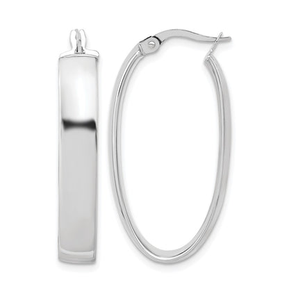 14K White Gold With Rhodium Plating Polished Oval Hoop Earrings