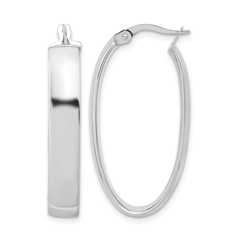 14K White Gold With Rhodium Plating Polished Oval Hoop Earrings