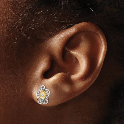 14K Yellow & Rhodium W/White Polished And D/C Post Earrings