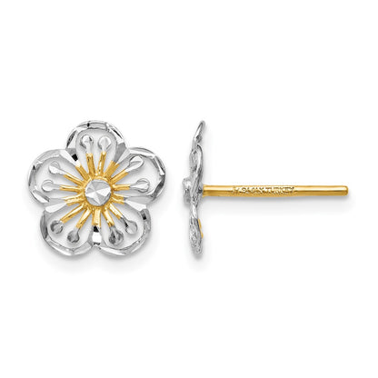 14K Yellow & Rhodium W/White Polished And D/C Post Earrings