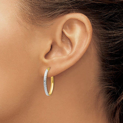 14K Yellow & Rhodium W/White D/C Oval Hoop Earrings