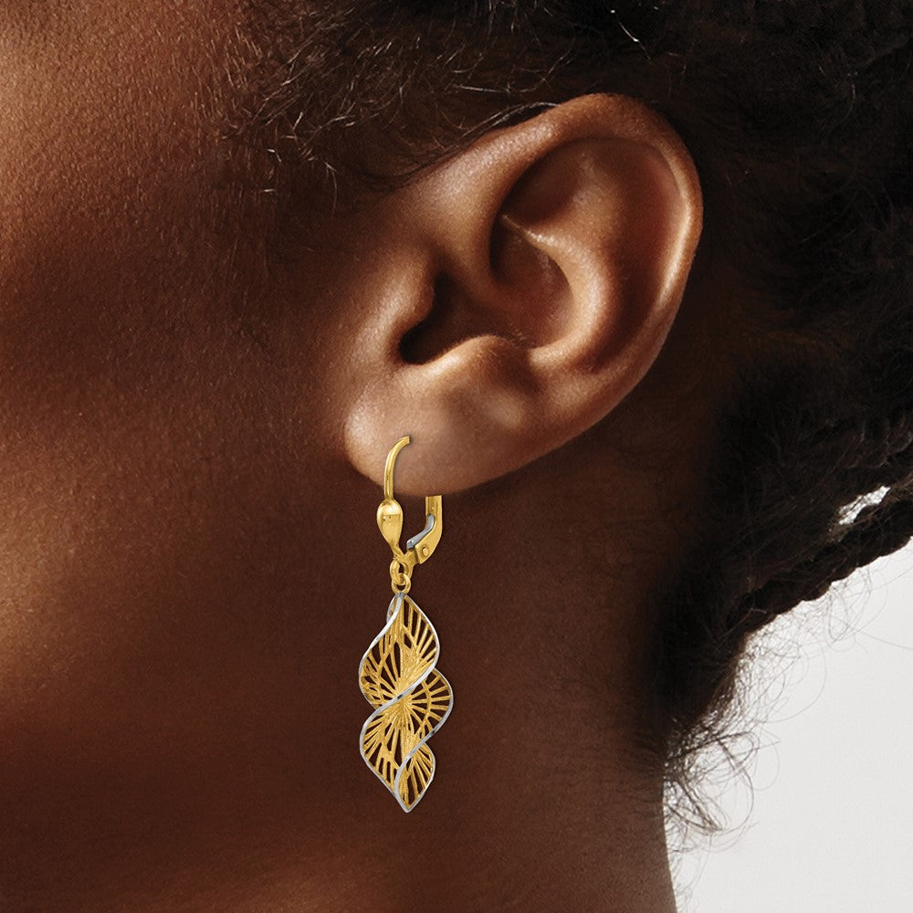 14K Yellow & Rhodium W/White Textured And D/C Leverback Earrings