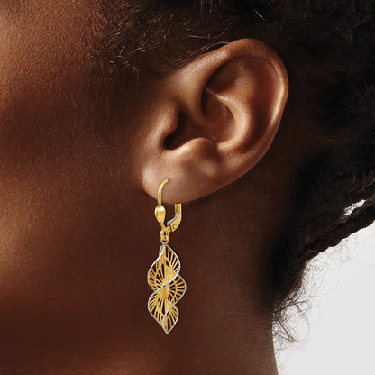 14K Yellow & Rhodium W/White Textured And D/C Leverback Earrings