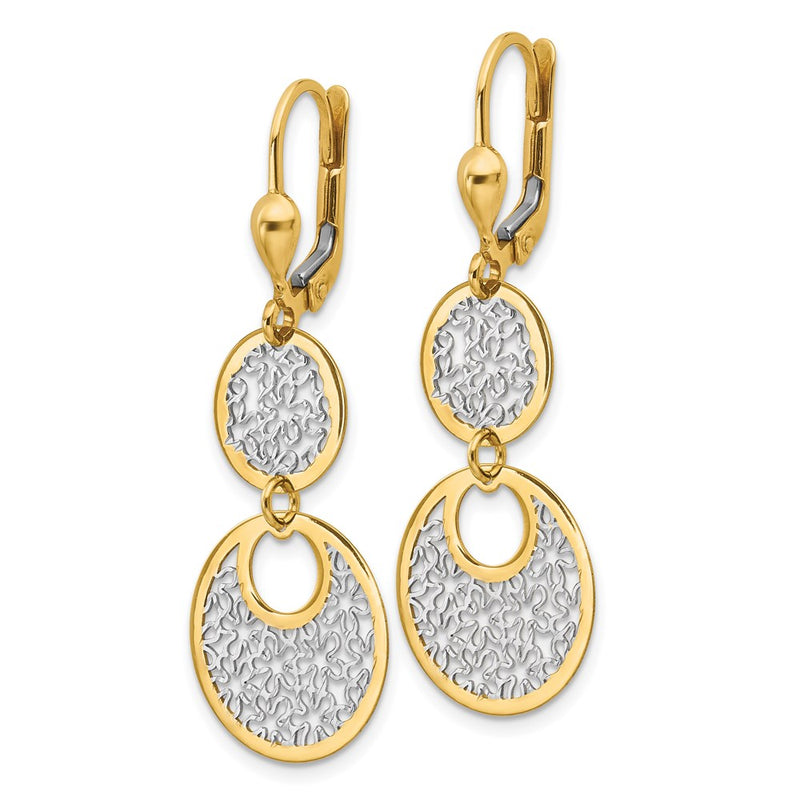 14K Yellow & Rhodium W/White Polished And Textured Leverback Earrings