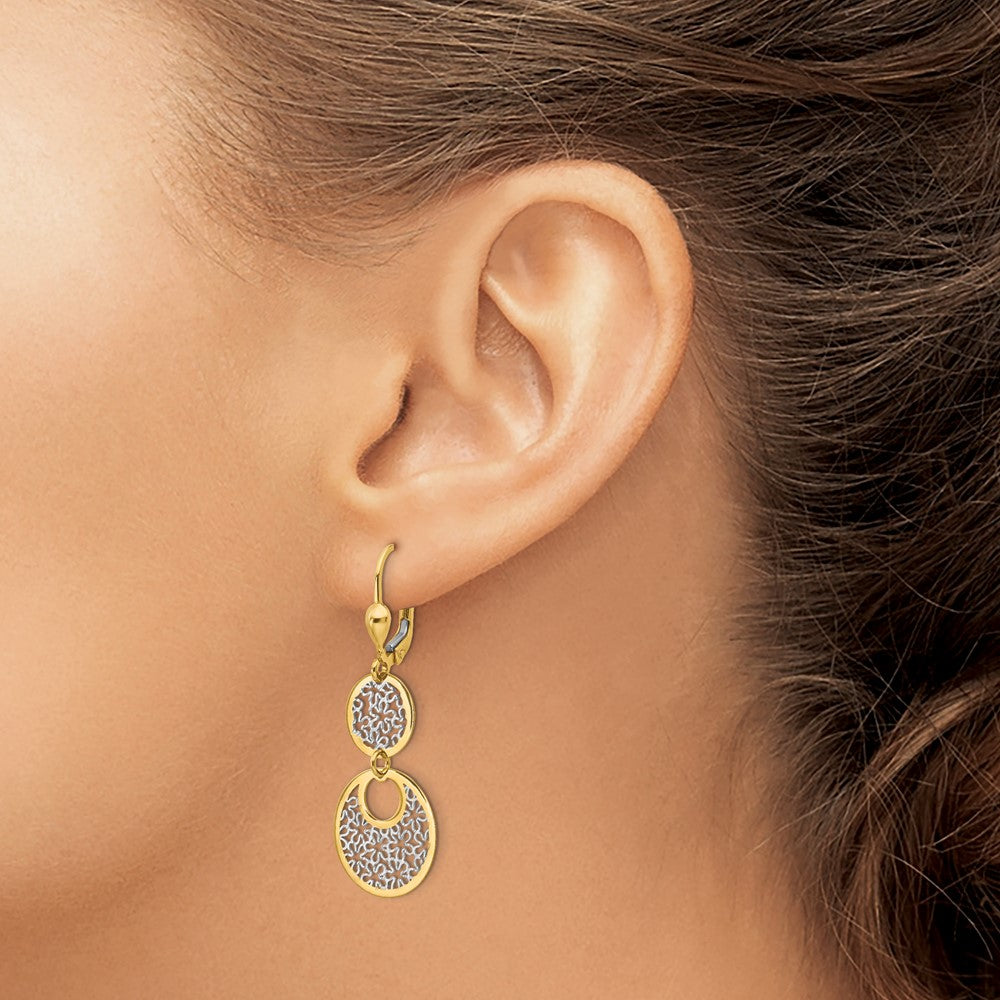 14K Yellow & Rhodium W/White Polished And Textured Leverback Earrings