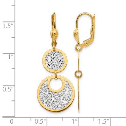 14K Yellow & Rhodium W/White Polished And Textured Leverback Earrings