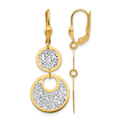 14K Yellow & Rhodium W/White Polished And Textured Leverback Earrings