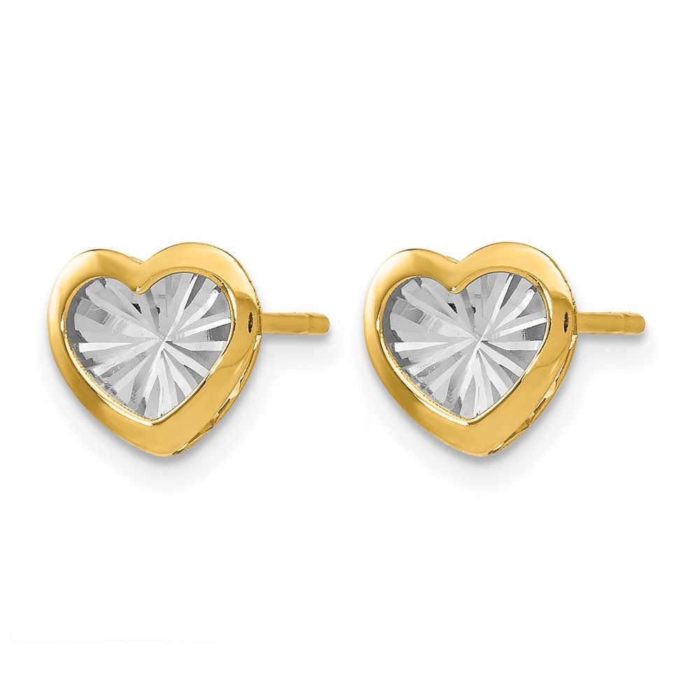 14K Yellow & Rhodium W/White Polished And D/C Heart Post Earrings