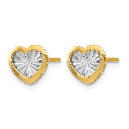 14K Yellow & Rhodium W/White Polished And D/C Heart Post Earrings
