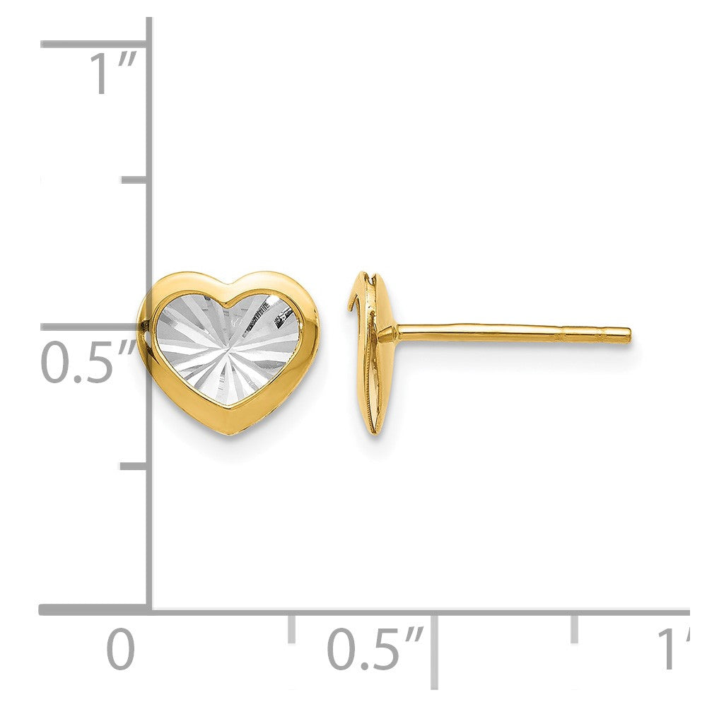 14K Yellow & Rhodium W/White Polished And D/C Heart Post Earrings