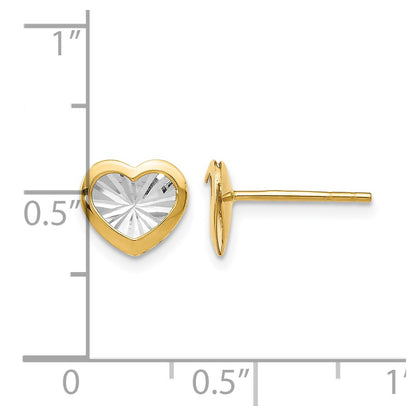 14K Yellow & Rhodium W/White Polished And D/C Heart Post Earrings