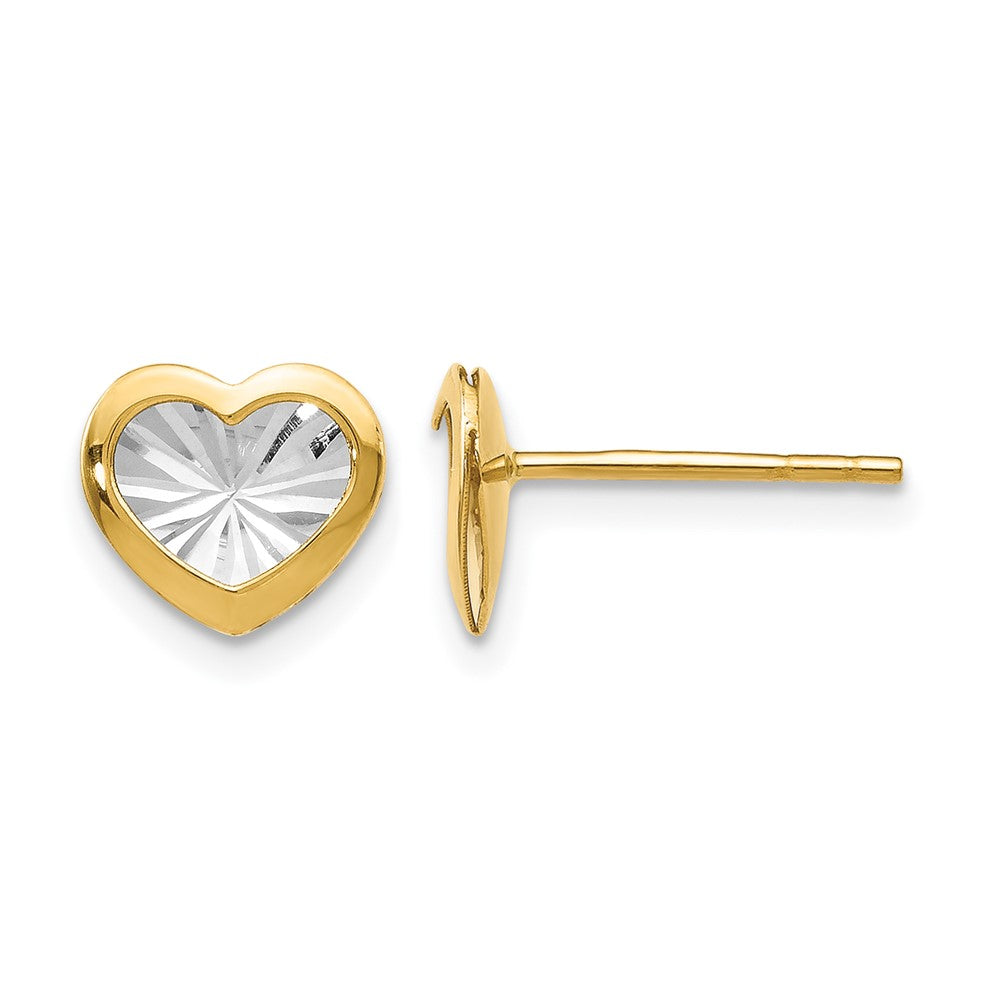14K Yellow & Rhodium W/White Polished And D/C Heart Post Earrings