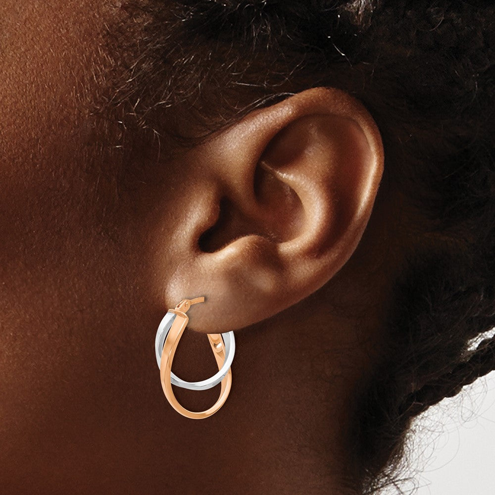 14K Yellow & Rhodium W/Wht/Rose Rh-Plating Polished Hinged Hoop Earrings