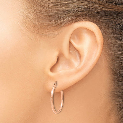 14K Rose Gold 2X25mm Polished Hoop Earrings