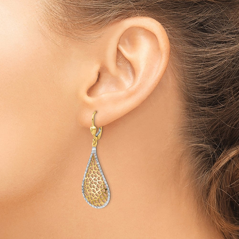 14K Yellow & Rhodium W/White Polished And D/C Leverback Earrings