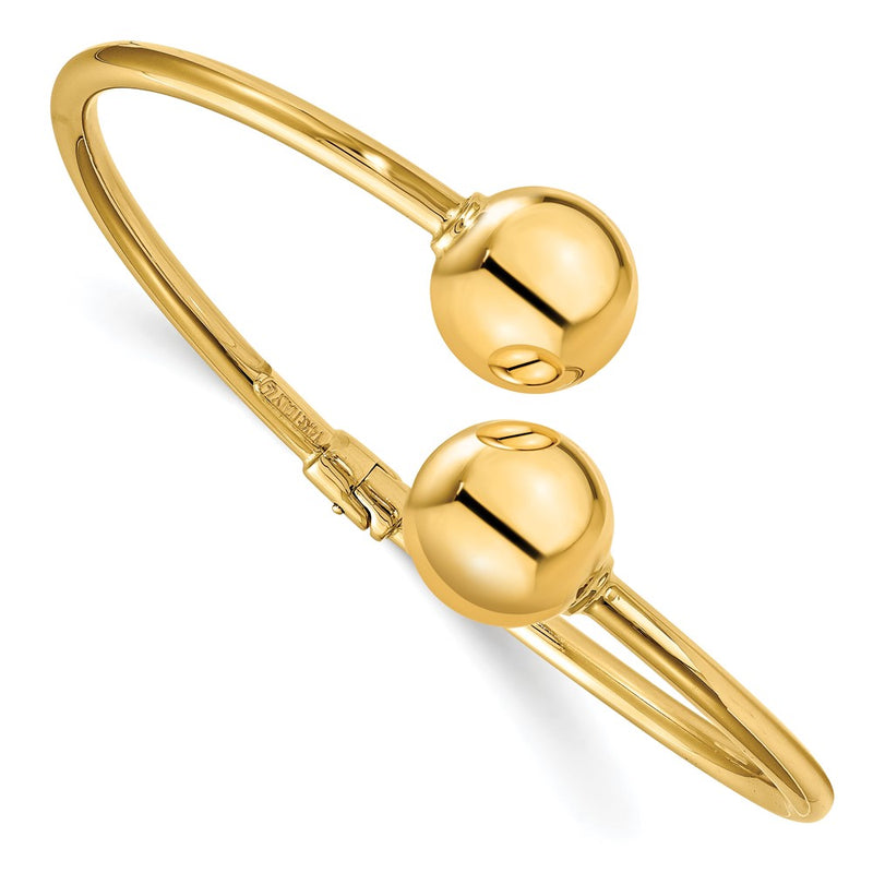 14K Yellow Gold Polished Bypass Beads Hinged Cuff Bangle