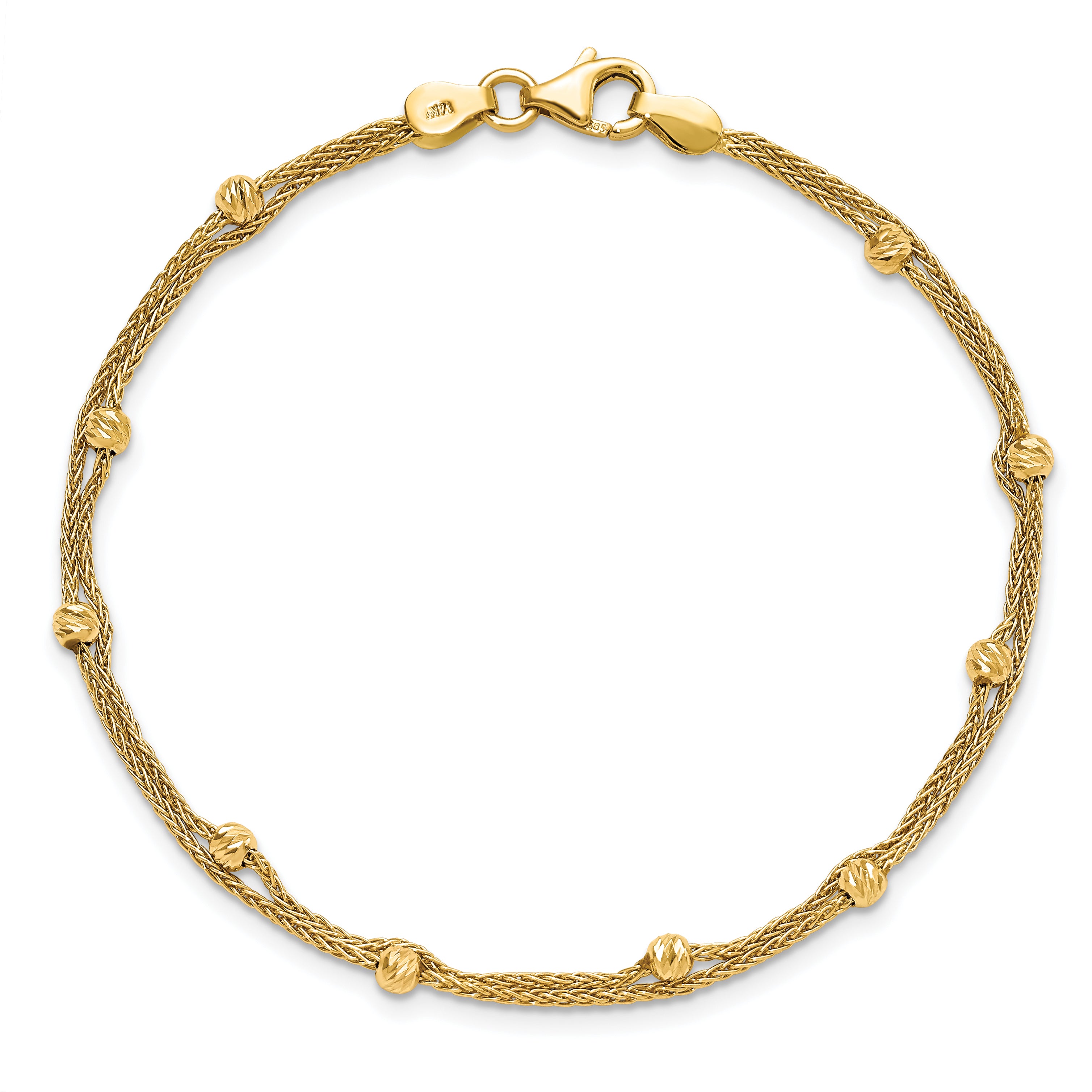 14K Yellow Gold Polished And Diamond Cut Beads 2 Strand Bracelet