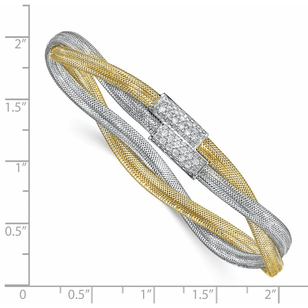 14K Yellow & Rhodium With White Cz Polished Mesh Stretch Bracelet