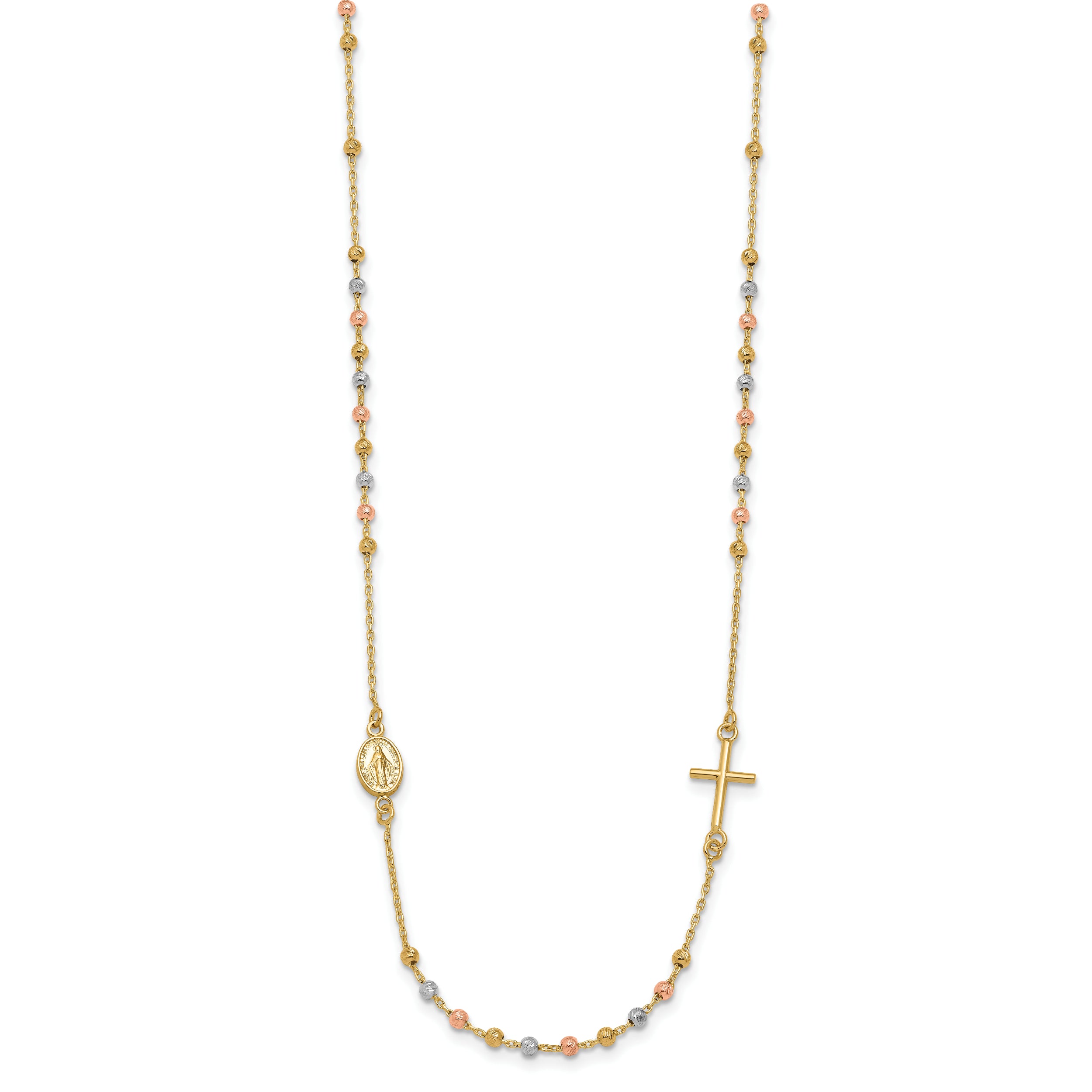 14K Tri Color Sideways Cross Beaded Rosary Style 18 Inch Necklace