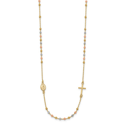 14K Tri Color Sideways Cross Beaded Rosary Style 18 Inch Necklace