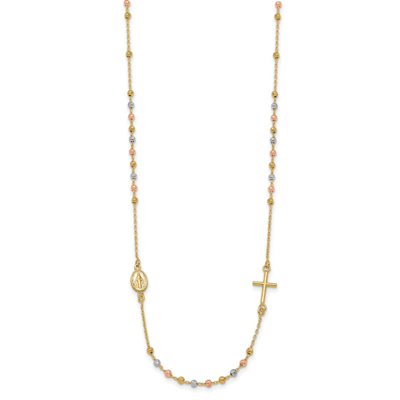 14K Tri Color Sideways Cross Beaded Rosary Style 18 Inch Necklace