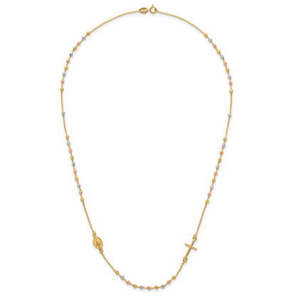 14K Tri Color Sideways Cross Beaded Rosary Style 18 Inch Necklace