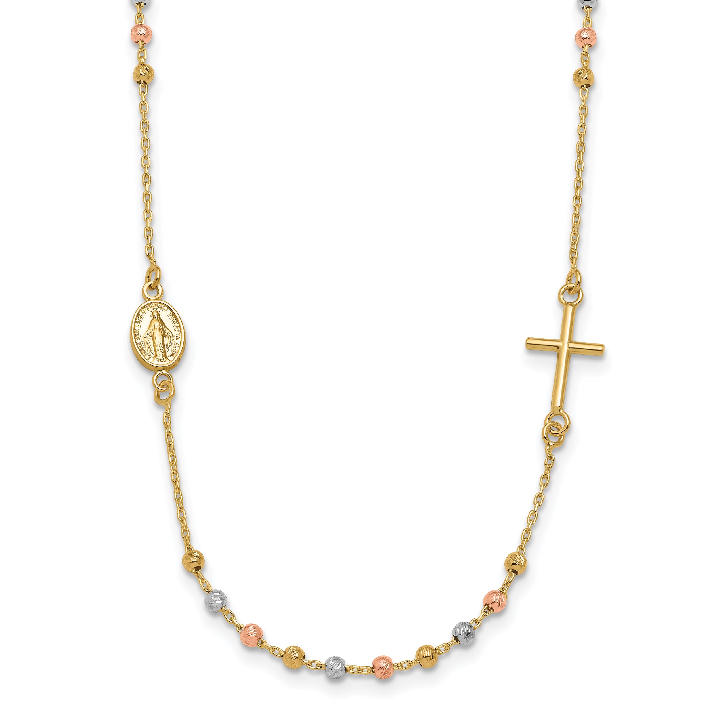 14K Tri Color Sideways Cross Beaded Rosary Style 18 Inch Necklace